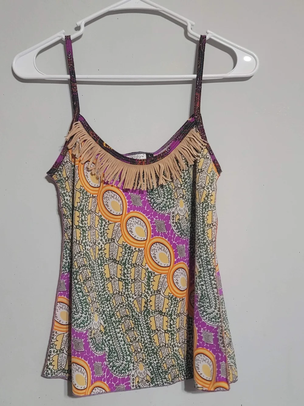 Boho Fringe Detail Printed Cami Tank - Purple & Mustard Sz L